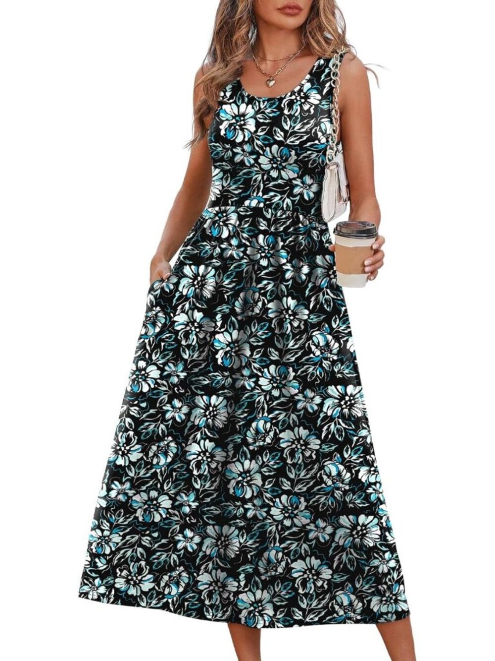 Women's Midi Dresses Black Blue Floral Scoop Neck Sleeveless Summer Casual Soft